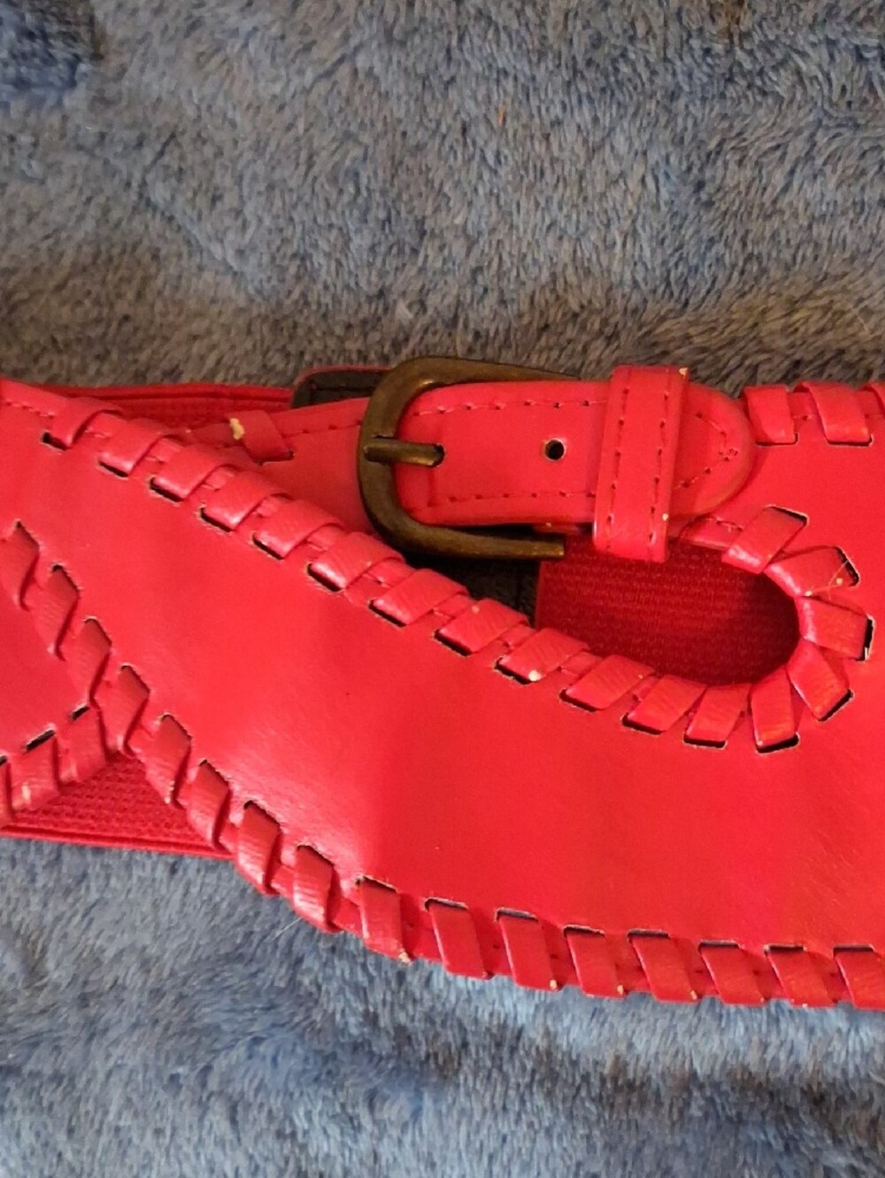 Wide Red Elastic Stretchy Statement Waist Belt with Double Buckle Detail - Picture 3 of 8